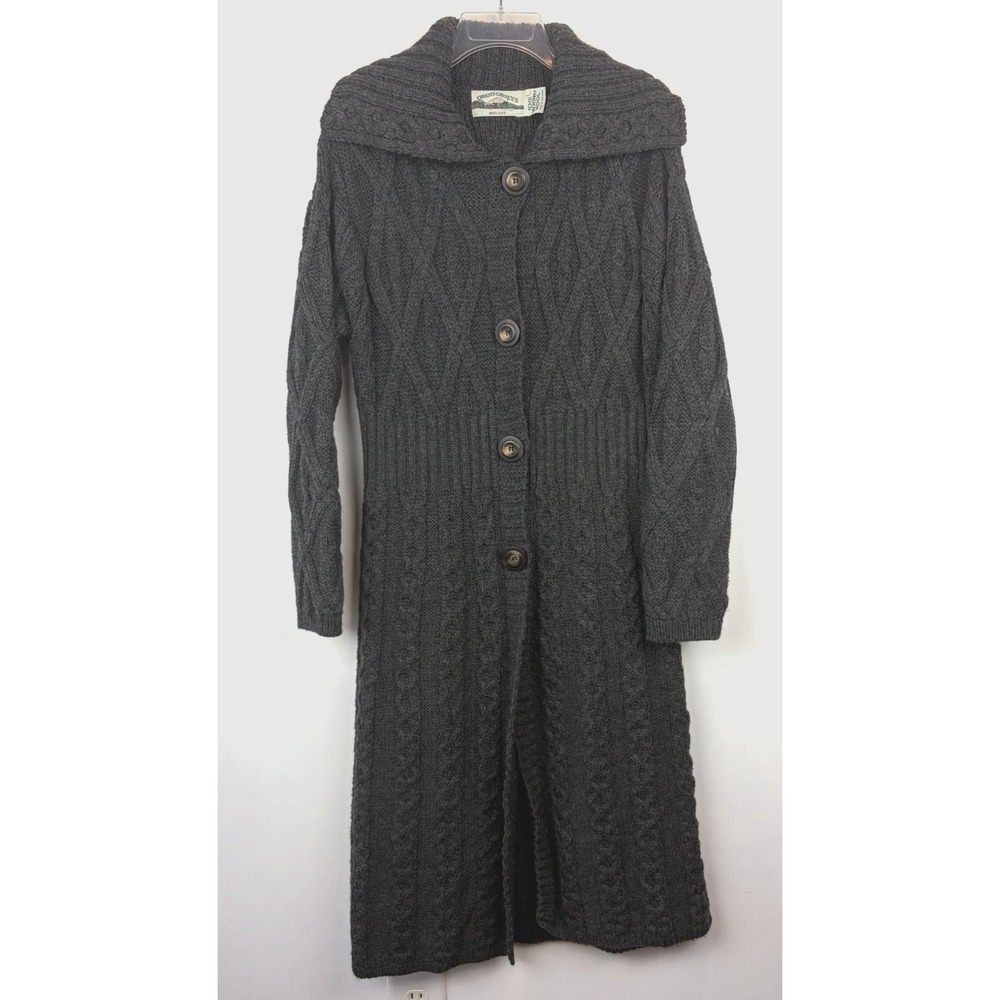 Aran Crafts Irish Sweater Long Cardigan L Cable Knit Fisherman Gray Merino Wool